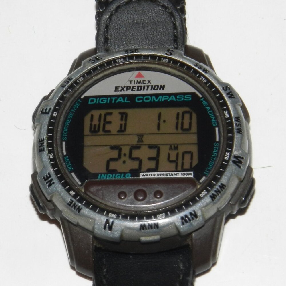 Vintage Timex Expedition Digital Compass Watch Men Black Strap Band New Battery